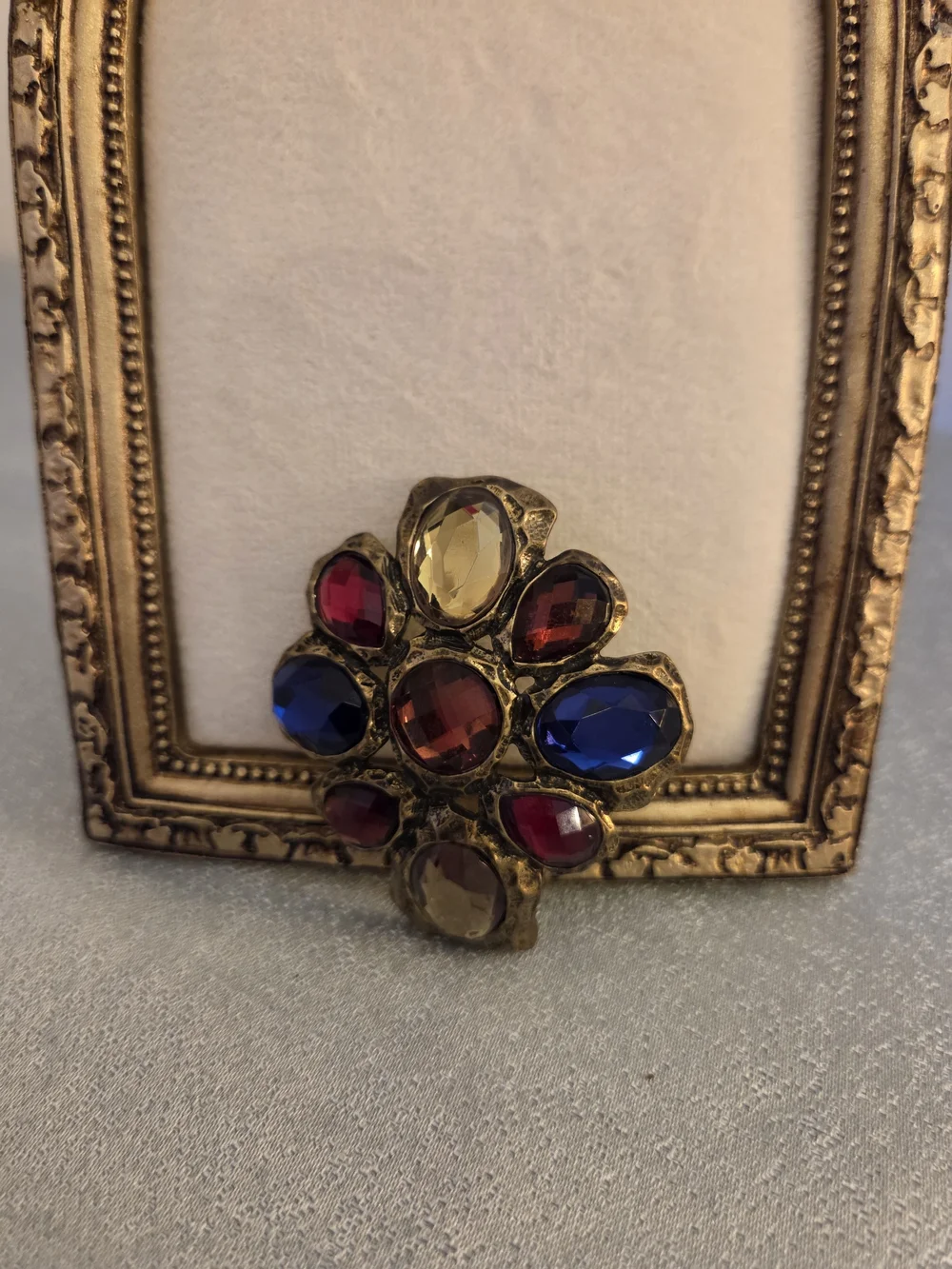 Genuine Vintage Gold-Tone Brooch/pin with Blue, Red, and Amber Glass Stone Inlay